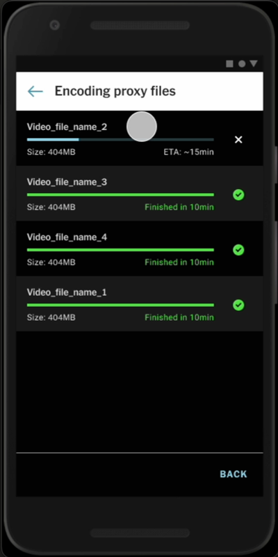 Eclipse prototype screen showing four proxy files with encoding progress, estimated transfer time, and completed states