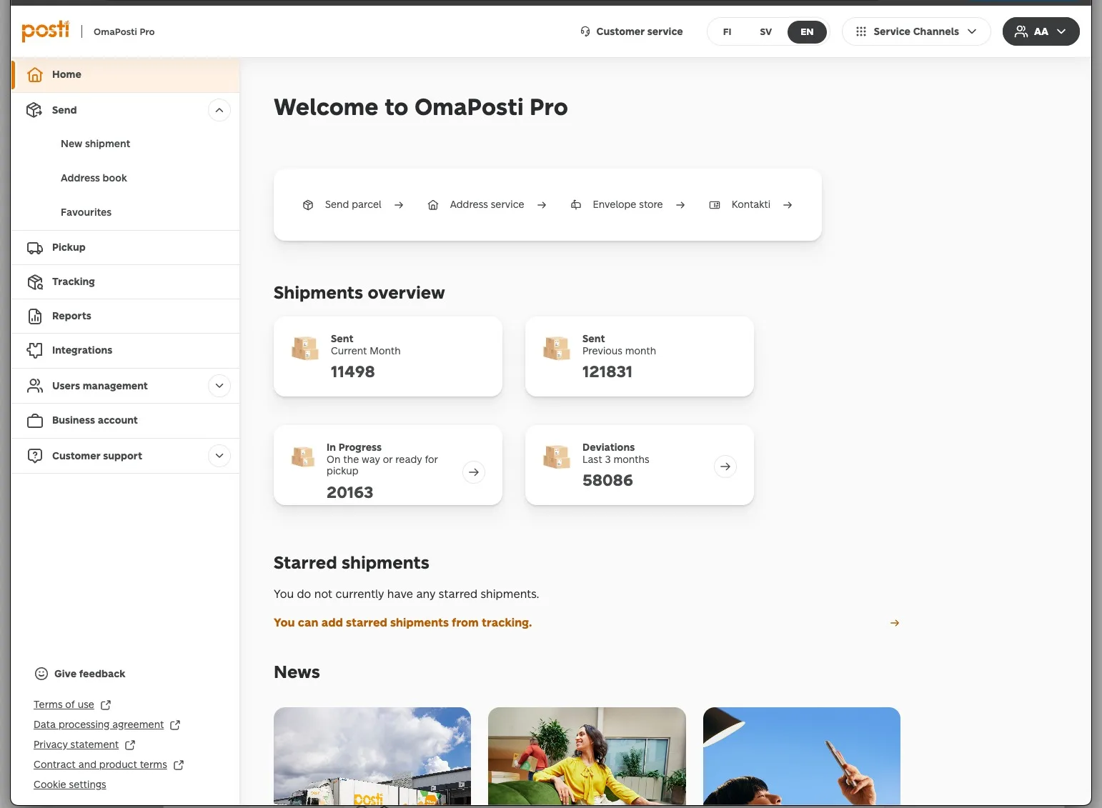 OmaPosti Pro service home with entry points, shipment overview, deviations, starred shipments, and news.
