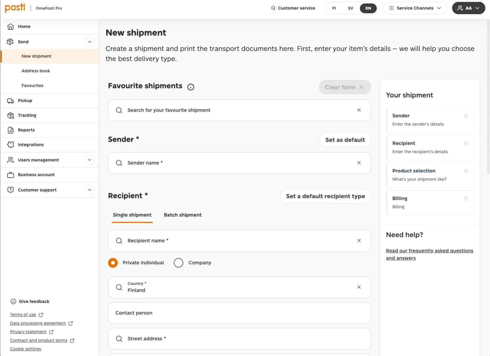 Renewed OmaPosti Pro shipment form with the new Posti brand, clearer sections, single and batch shipment choices, and a task summary.