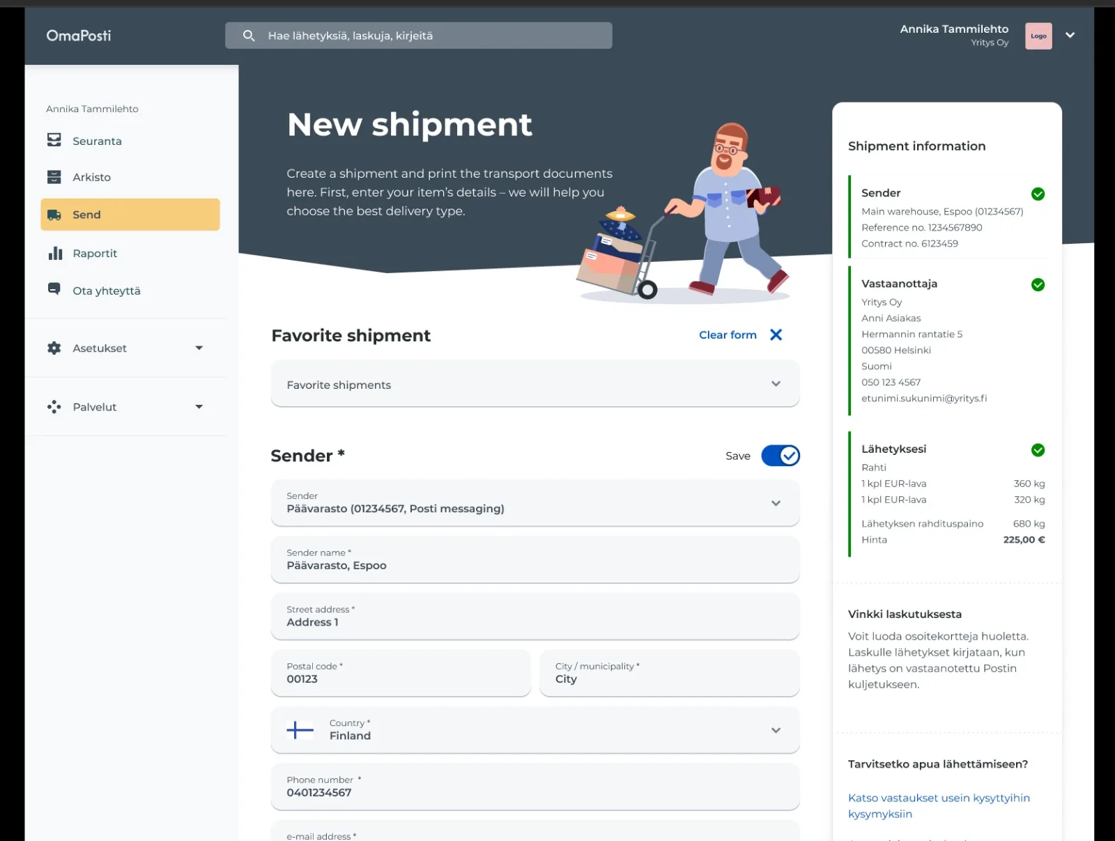 Earlier OmaPosti Pro shipment form with a dark header, illustrated hero, sender fields, and shipment summary.